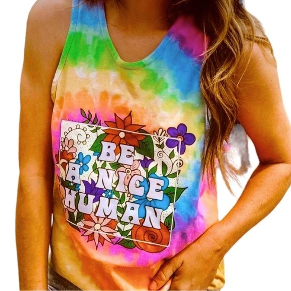 Boho Top Be A Nice Human Floral Tiedye Cotton Hippie Tank Top